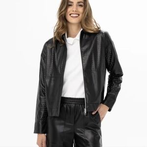Renuar Black Faux Leather Perforated Zip Front Jacket NWT